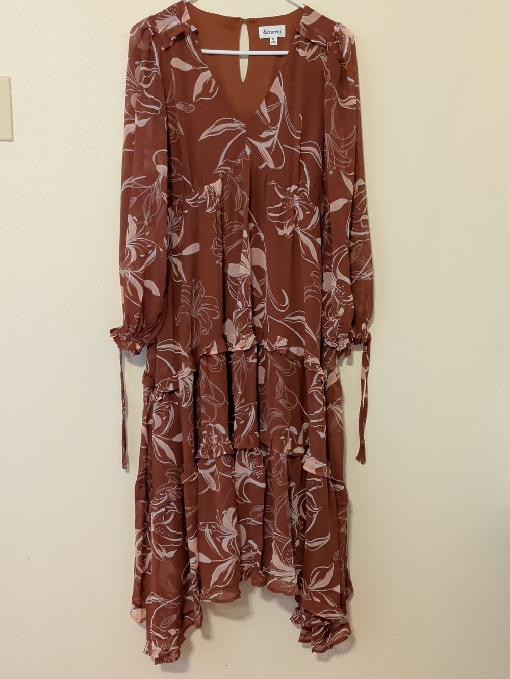 &merci Floral Tiered Long Sleeve Dress - Rust/Pink